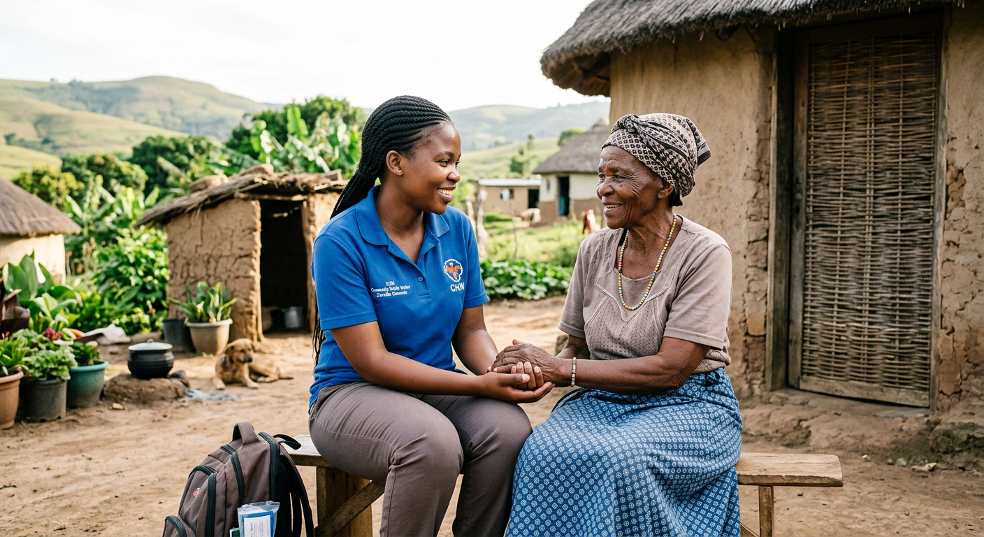 A community volunteer holding the hands of an elderly grandmother outside her home