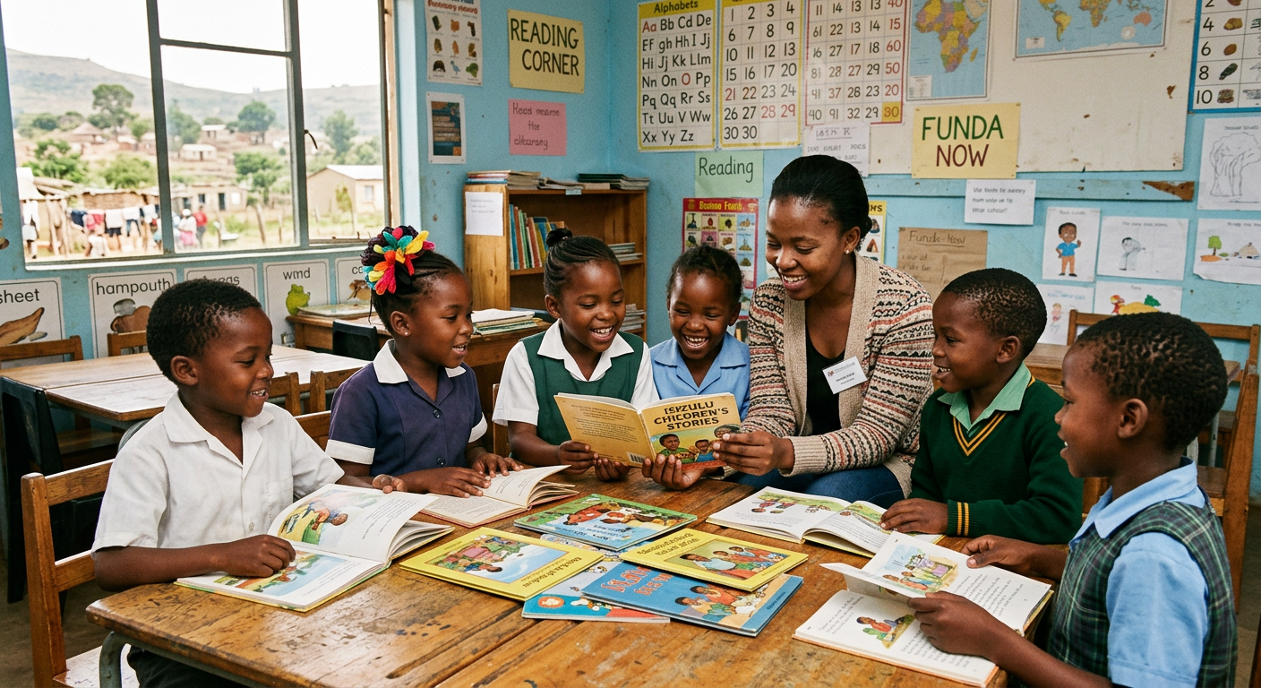 Children reading books with a volunteer tutor in a community classroom