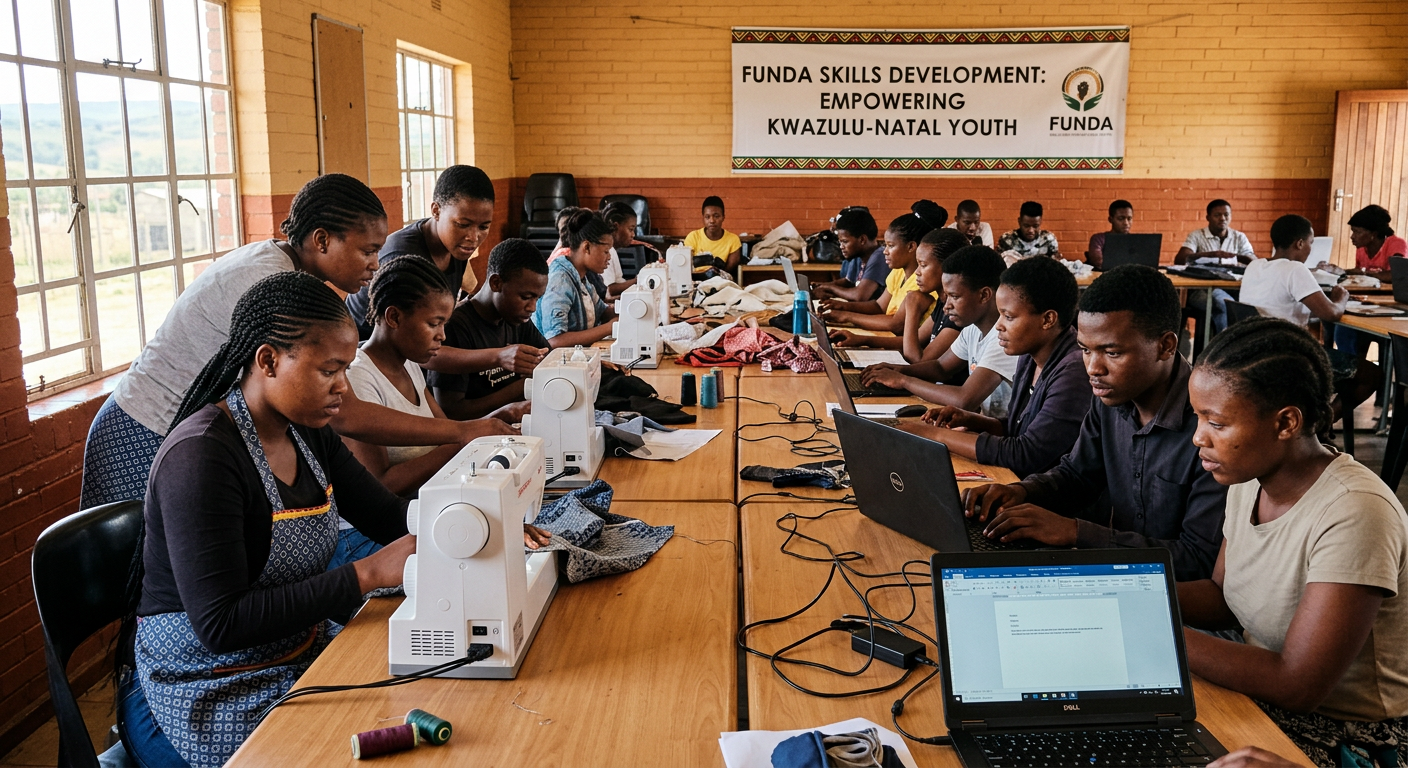 Young adults learning on laptops and sewing machines in a community hall